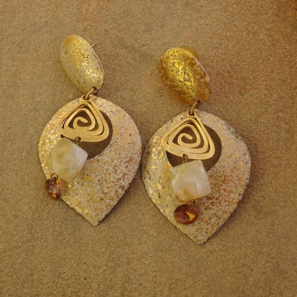 Big Vintage '80s Gold Gold Swirl Spiral Swarovski Crystal Post Dangle Earrings - Picture 2 of 6